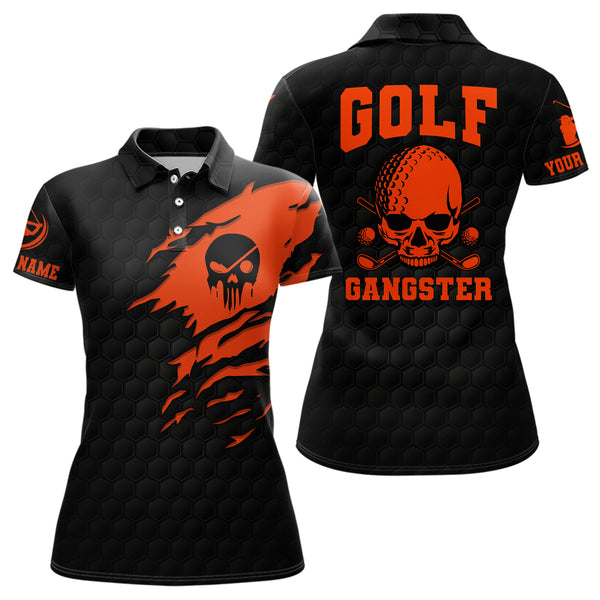 Golf Gangster Skull Polo Shirt Custom Black Orange Golf Pattern Scary Golf Shirts For Women LDT0374
