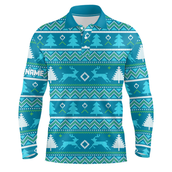 Blue Knitted Christmas Trees Mens Golf Polo Shirt Personalized Winter Xmas Golf Outfits For Men LDT0922