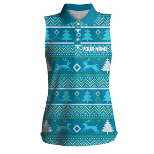 Blue Knitted Christmas Trees Womens Sleeveless Polo Shirt Personalized Winter Golf Outfits For Women LDT0922