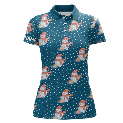 Cute Snowman With Falling Snow Blue Christmas Golf Polo Shirts Custom Golf Tops For Women LDT0926