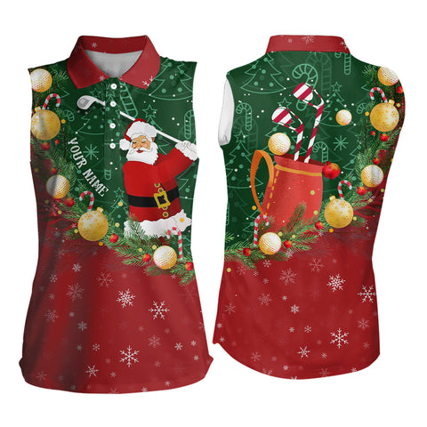 Womens Sleeveless Polo Shirt Santa Playing Golf Red Green Christmas Custom Women Golf Tops Golf Gifts LDT0943