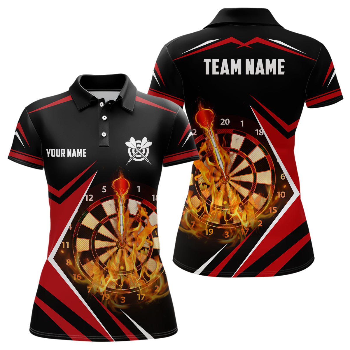 Black Red Fire Flame Womens Darts Polo Shirt Custom Darts Shirt For Women Dart Jerseys LDT1388