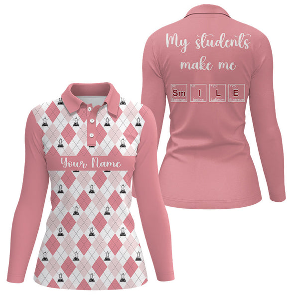 Science Pink Argyle Pattern, My Students Make Me Smile Women Golf Polo Shirt Custom Name Golf Gifts LDT0007