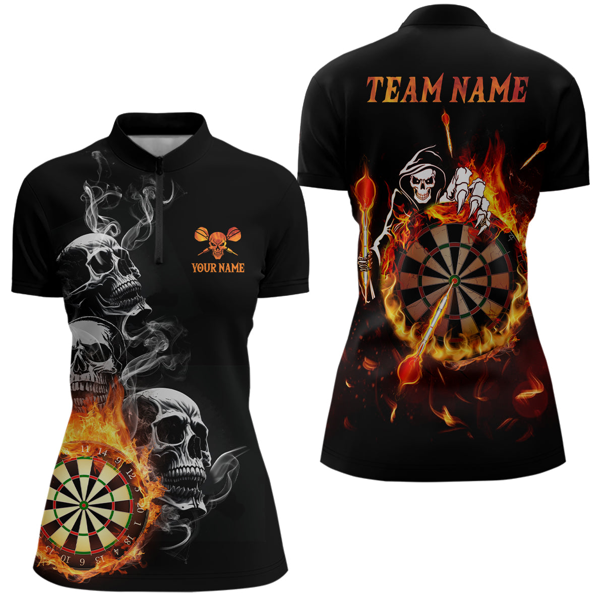 Darts Skull Flame Womens Quarter-Zip Shirt Custom Fire Darts Shirt For Women Darts Jersey LDT0776