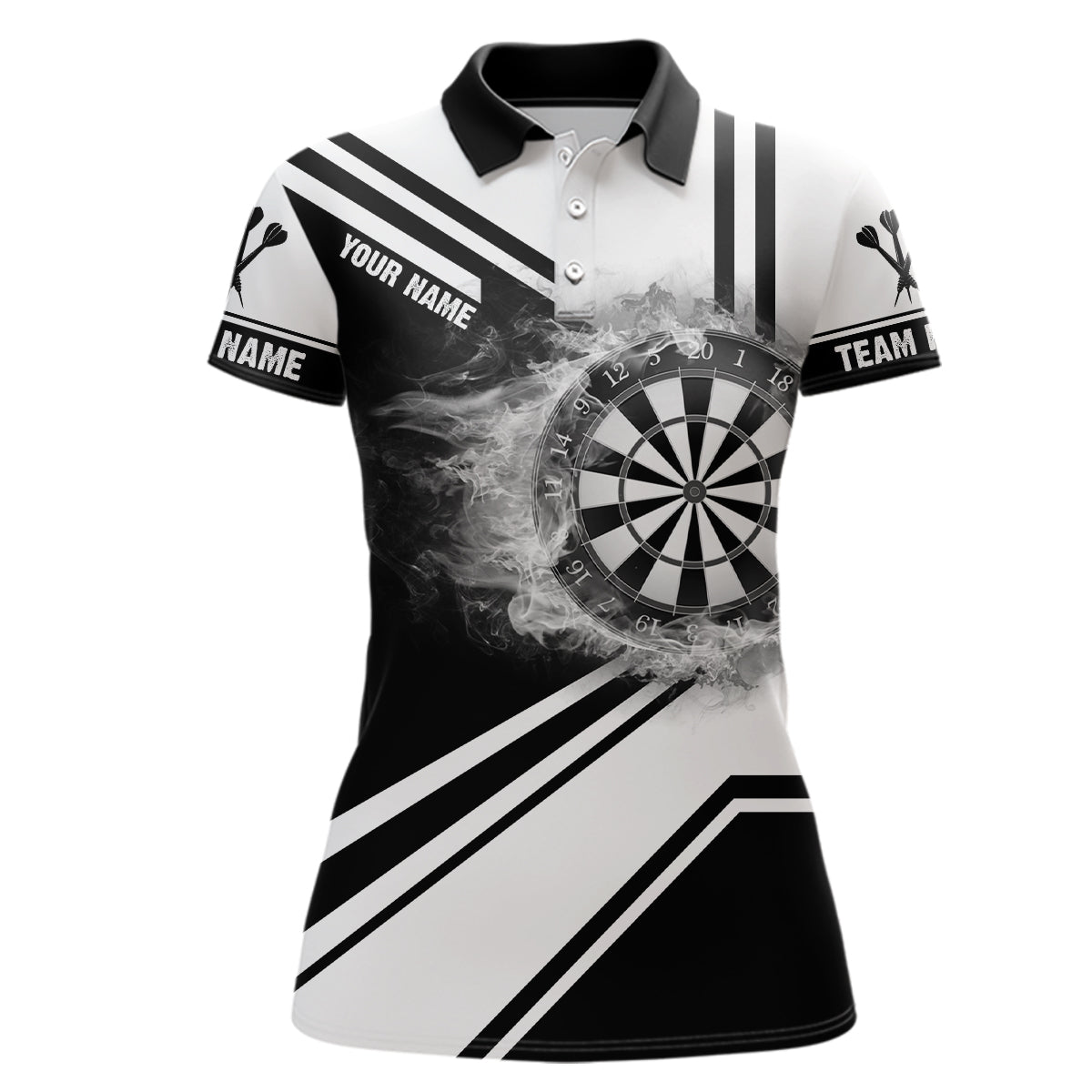 Personalized Black White Fire Flame Dartboard Polo Shirt Custom Darts Jersey For Women LDT0993