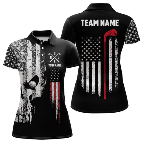 American Flag Skull Golf Polo Shirts Custom Patriotic Scary Golf Shirts For Women Golf Gifts LDT1405