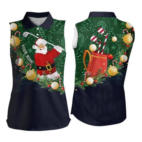 Santa Playing Golf Navy Womens Sleeveless Polo Shirt Christmas Golf Shirts For Women Best Golf Gifts LDT0478