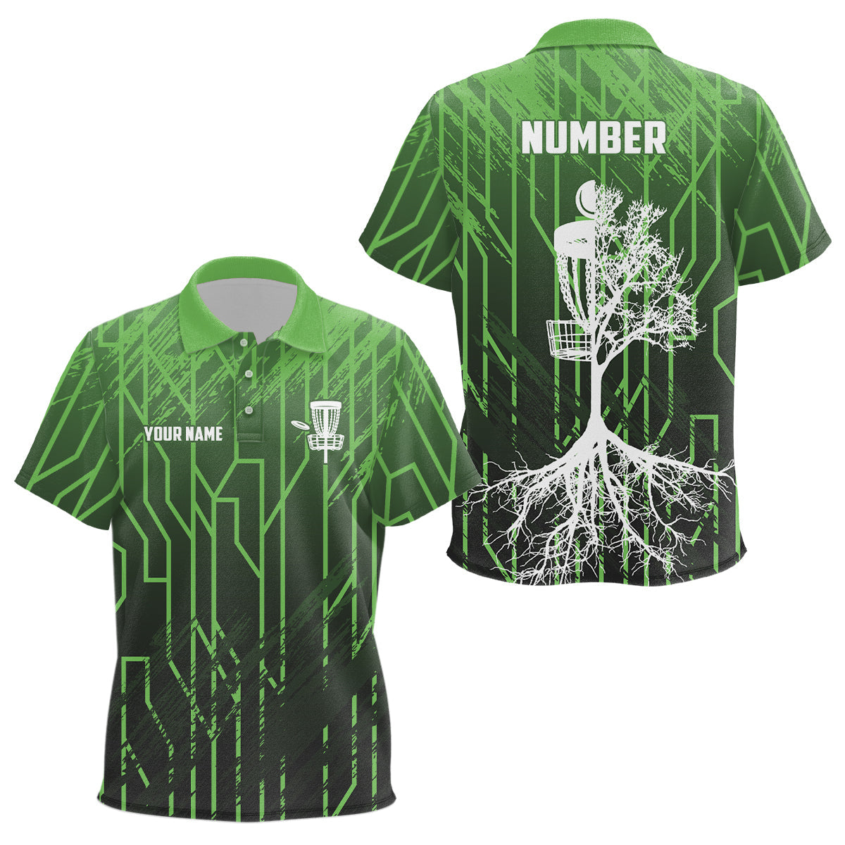Green Retro Kids Disc Golf Polo Shirt Geometric Custom Number Disc Golf Tops For Kid Disc Golf Basket LDT1012