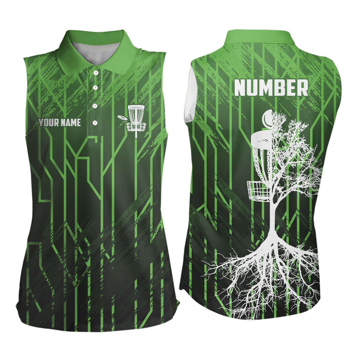 Green Womens Disc Golf Sleeveless Polo Shirt Custom Number Disc Golf Tops For Women Disc Golf Basket LDT1012