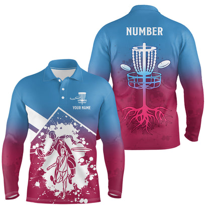 Pink Blue Silhouette Mens Disc Golf Polo Shirt Custom Disc Golf Basket Shirt For Men Disc Golf Jersey LDT1013