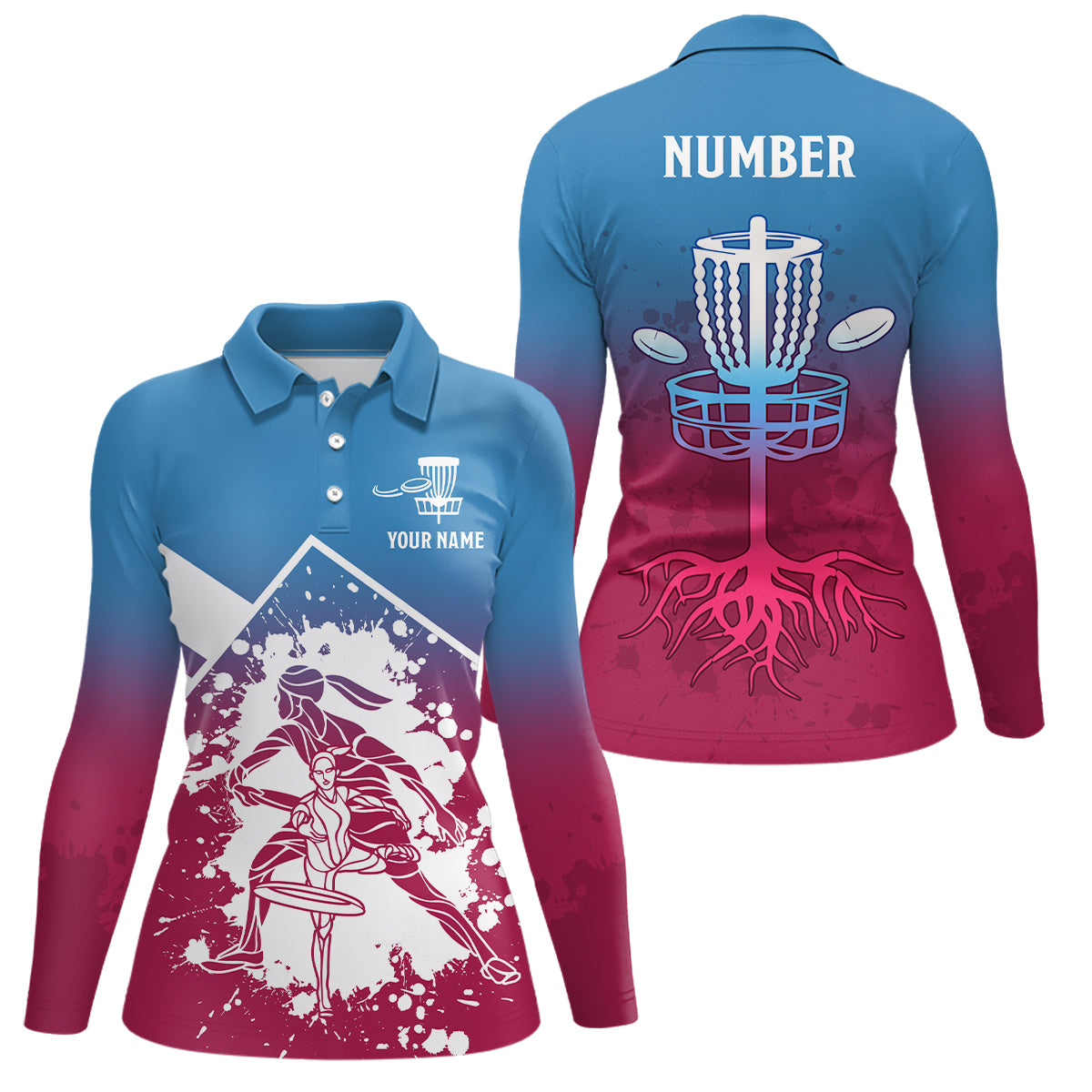 Pink Blue Silhouette Womens Disc Golf Polos Custom Disc Golf Basket Shirt Disc Golf Jersey LDT1013