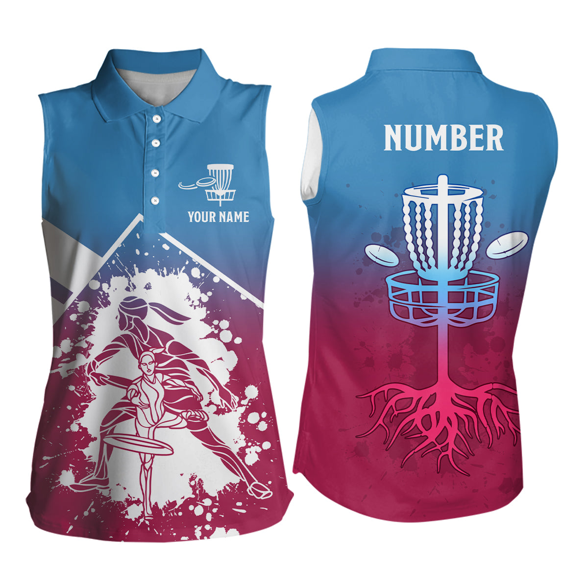 Pink Blue Silhouette Womens Disc Golf Sleeveless Polo Shirt Custom Disc Golf Shirts Disc Golf Jerseys LDT1013