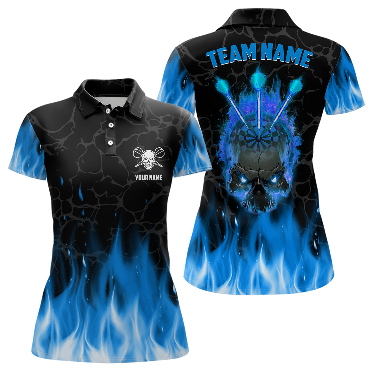 Blue Flame Skull Womens Darts Polo Shirt Custom Scary Darts Shirt For Women Dart Jerseys LDT1422