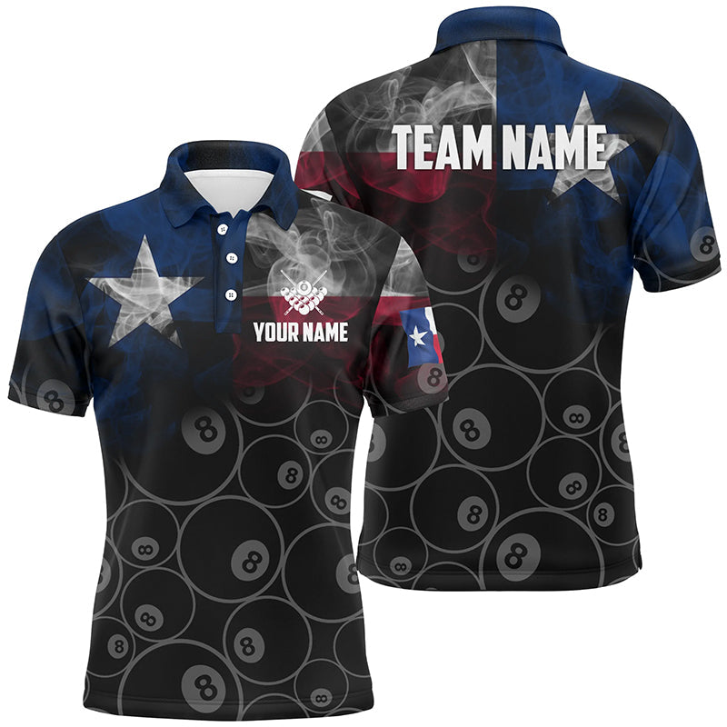 Personalized Vintage Smoke Texas Flag Billiard Polo Shirts For Men, Custom 8 Ball Pool Team Jerseys VHM0697