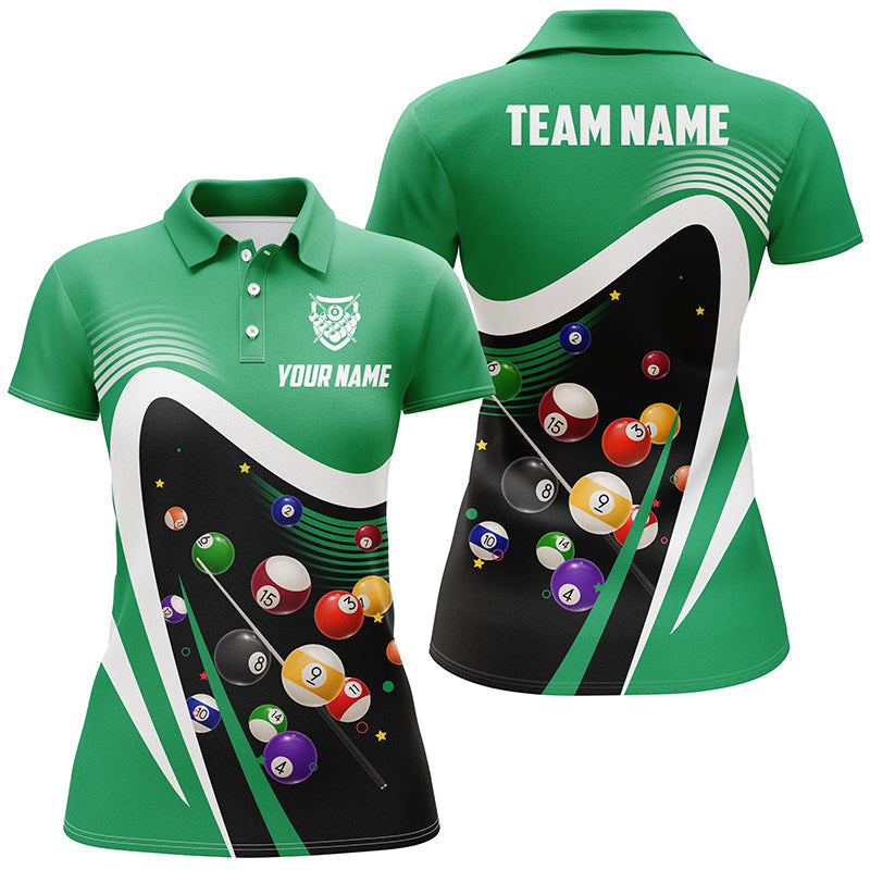 Personalized Green Sport Billiard Balls 3D Polo Shirts For Women, Custom 8 Ball Billiard Team Jerseys VHM1045
