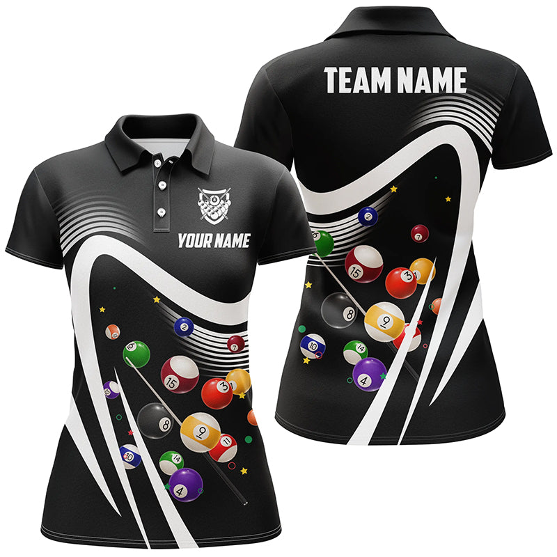 Personalized Black Sport Billiard Balls 3D Polo Shirts For Women, Custom 8 Ball Billiard Team Jerseys VHM1046