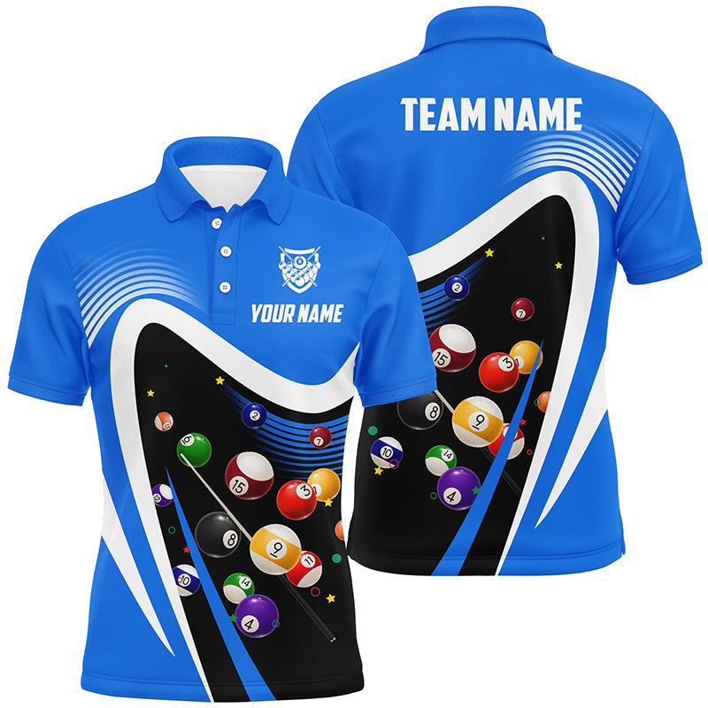 Personalized Blue Sport Billiard Balls 3D Polo Shirts For Men, Custom 8 Ball Billiard Team Jerseys VHM1048