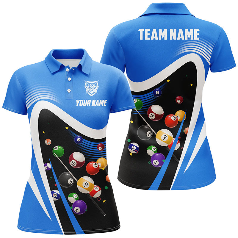 Personalized Blue Sport Billiard Balls 3D Polo Shirts For Women, Custom 8 Ball Billiard Team Jerseys VHM1048