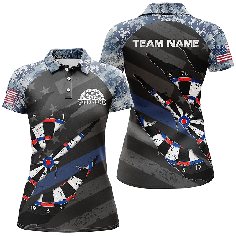Personalized Retro Camo Blue Dart 3D Polo Shirts For Women, Custom American Flag Womens Dart Jerseys VHM1105