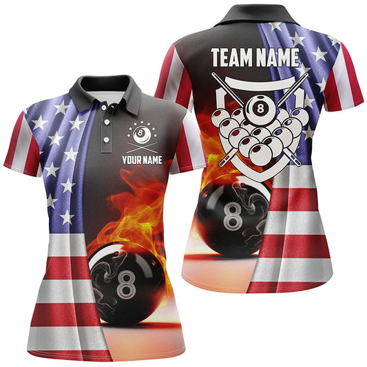 Personalized Fire 8 Ball Pool Billiard 3D Polo Shirts For Women, Custom US Flag Billiards Jerseys VHM0232