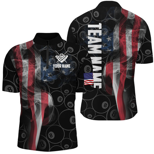 Custom Vintage Smoke US Flag Billiard Quarter-Zip Shirts For Men, Custom 8 Ball Pool Team Jerseys VHM0240