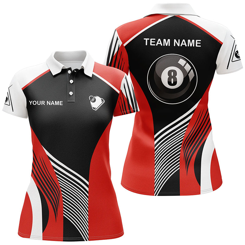 Personalized Red 8 Ball Pool Billiards Polo Shirts For Women, Custom 8 Ball Billiard Team Shirts VHM0711