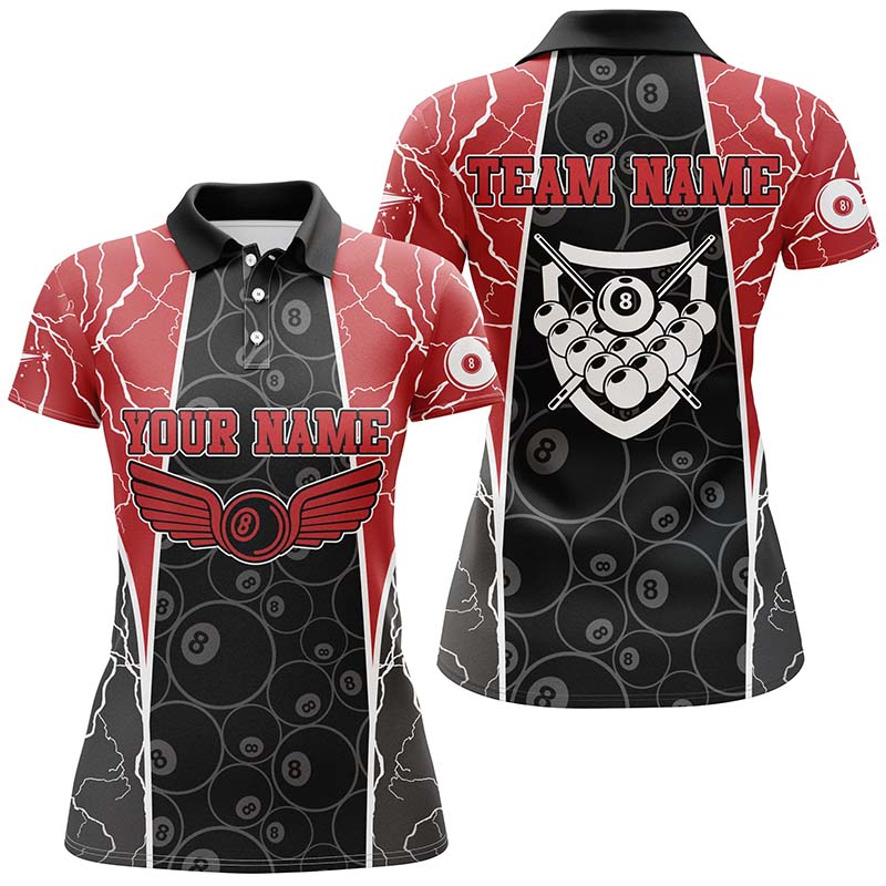 Personalized Red Lighting 8 Ball Billiard 3D Polo Shirts For Women, Custom Pool Billiards Jerseys VHM0398