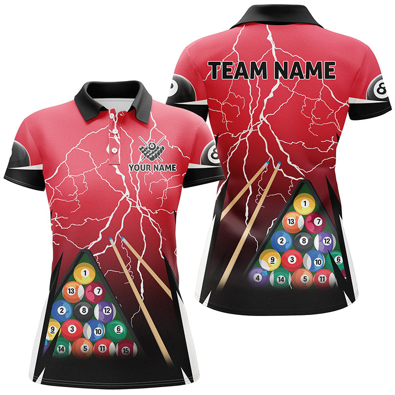 Personalized Thunder Billiards 3D Red Polo Shirts For Women, Custom 8 Ball Pool Billiards Jerseys VHM0172