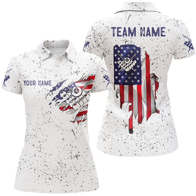Personalized US Flag 8 Ball Billiard White Grunge 3D Polo Shirts For Women, Custom Billiards Jerseys VHM0406