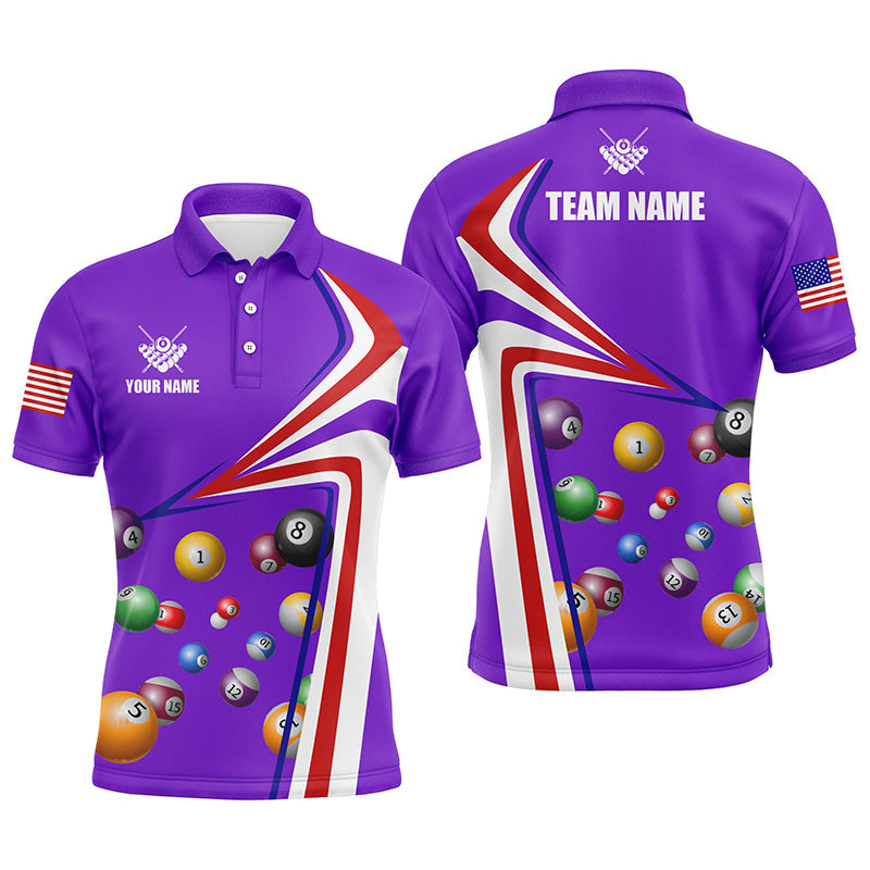 Personalized US Flag Billiard Balls Purple 3D Polo Shirts For Men, Custom 8 Ball Pool Jerseys VHM0409
