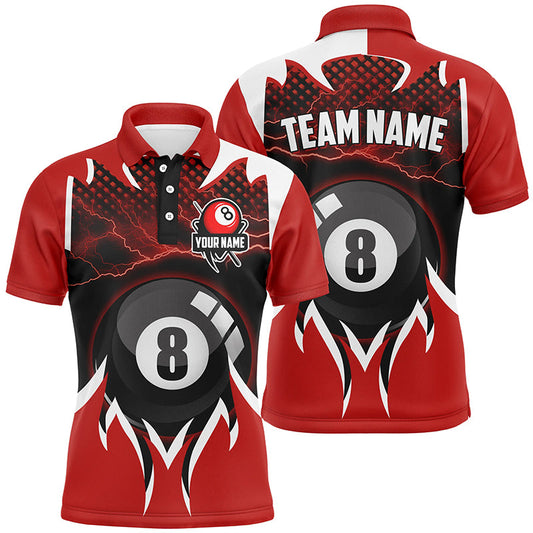 Personalized 8 Ball Pool Thunder Lighting Red 3D Polo Shirts For Men, Custom Billiards Jerseys VHM0423