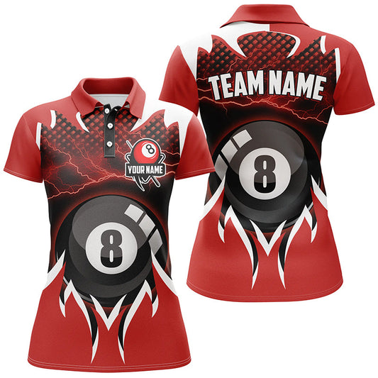 Personalized 8 Ball Pool Thunder Lighting Red 3D Polo Shirts For Women, Custom Billiards Jerseys VHM0423