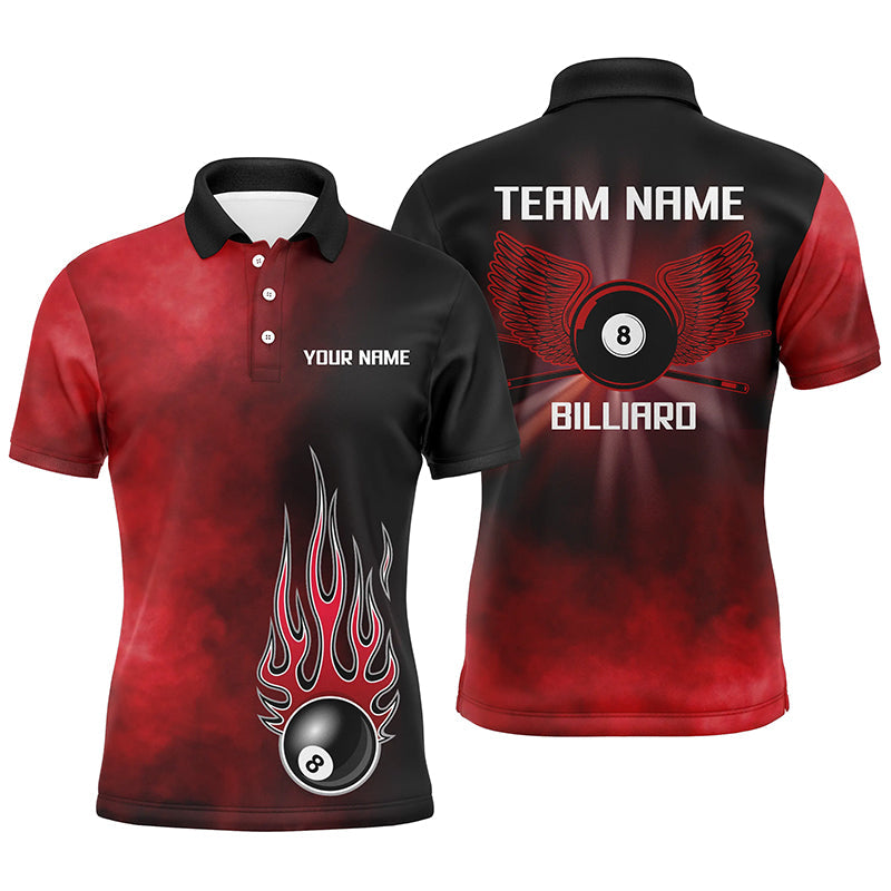 Personalized Black Red Flame 8 Ball Pool Polo Shirts For Men, Custom Billiard 8 Ball Wing Jerseys VHM0809
