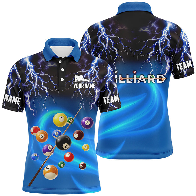 Personalized 3D Thunder Lightning Blue Billiard Balls Polo Shirts For Men, Custom Billiards Shirts VHM0813