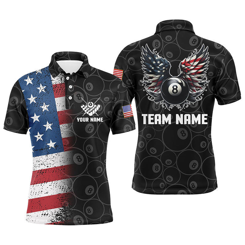 Personalized US Flag 8 Ball Billiard 3D Polo Shirts For Men, Funny Billiard 8 Ball Wings Jerseys VHM0999