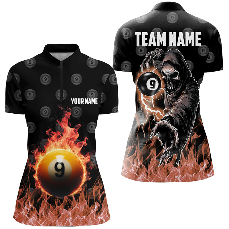 Personalized Flame 9 Ball Pool Billiard Quarter-Zip Shirts For Women Custom Skull Billiard Shirts VHM1125