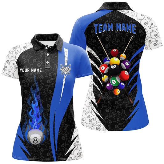 Personalized 8 Ball Pattern Billiard Blue 3D Polo Shirts For Women, Custom Billiard Balls Jerseys VHM0326