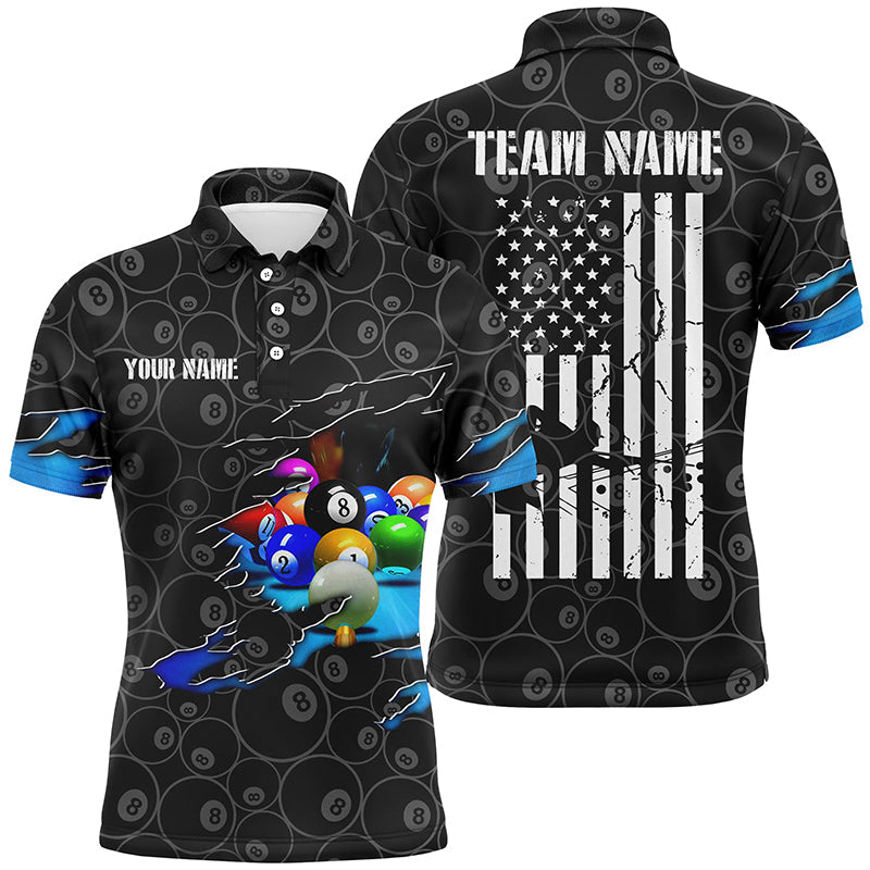 Personalized US Flag 8 Ball Pattern Billiard Black 3D Polo Shirts For Men, Custom Billiards Jerseys VHM0341