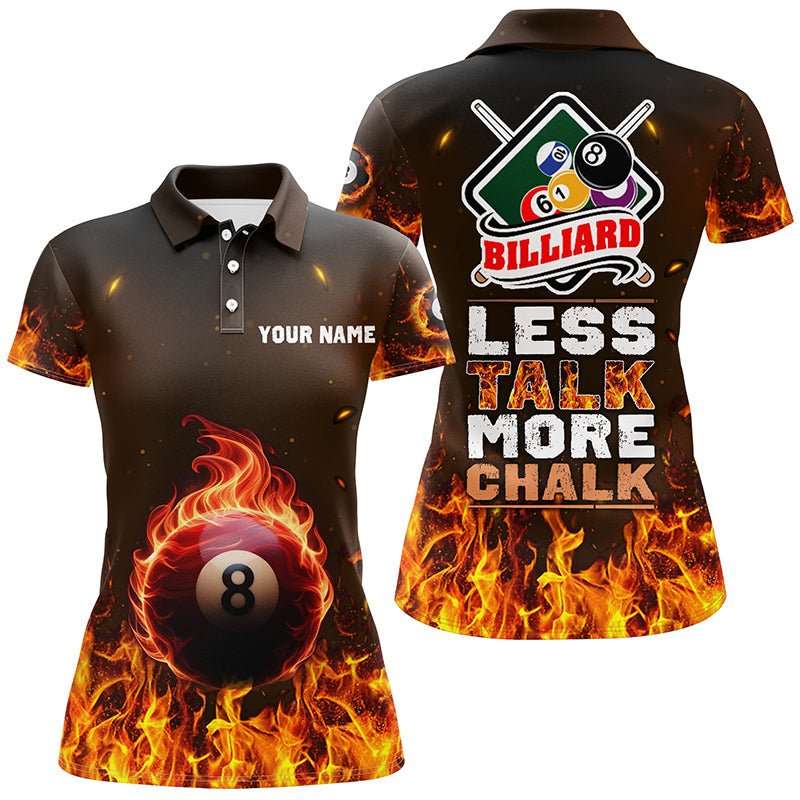 Personalized Less Talk More Chalk Billiard Polo Shirts For Women, Custom Fire 8 Ball Pool Shirts VHM0729