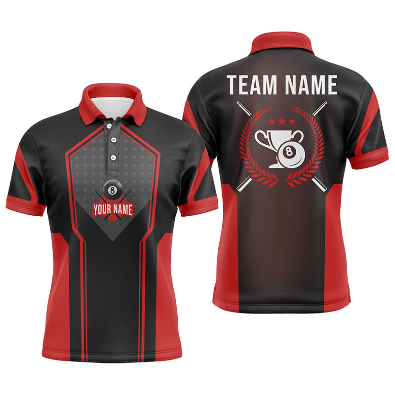 Personalized Red Black 8 Ball Pool Polo Shirts For Men, Custom 8 Ball Trophy Emblem Billiard Shirts VHM0730
