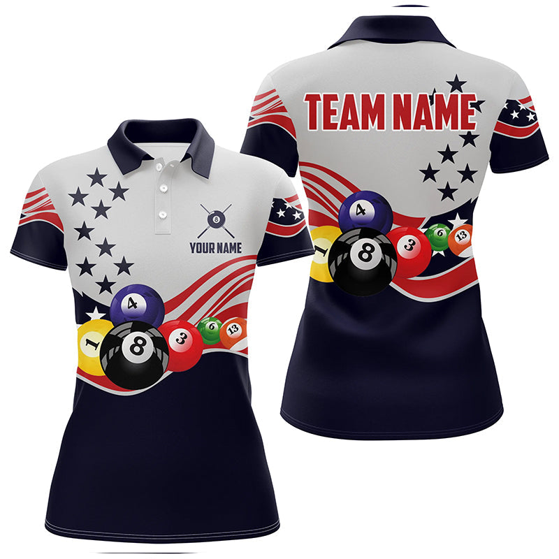 Personalized American Flag Billiard Style 3D Polo Shirts For Women, Custom 8 Ball Pool Team Jerseys VHM1062