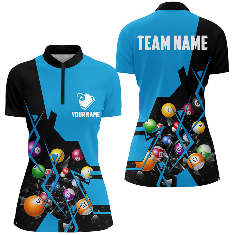 Personalized Blue Billiard Balls 3D Quarter-Zip Shirts For Women Custom 8 Ball Pool Billiard Jerseys VHM0753