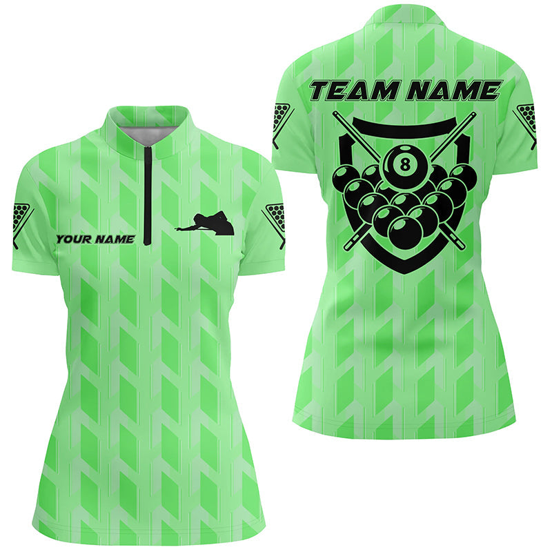 Personalized Green 8 Ball Billiards 3D Quarter-Zip Shirts For Women, Custom Player Billiards Jerseys VHM0744