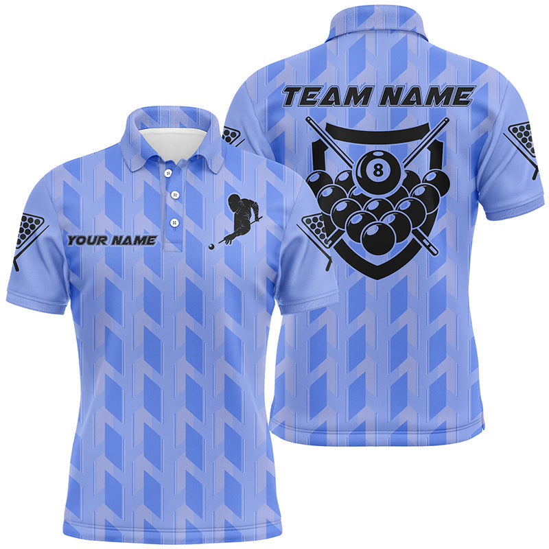 Personalized Blue 8 Ball Billiards 3D Polo Shirts For Men, Custom Name Player Billiards Jerseys VHM0746