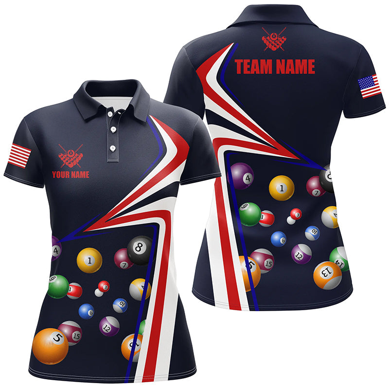 Personalized US Flag Billiard Balls Polo Shirts For Women, Custom 8 Ball Pool Jerseys VHM0152