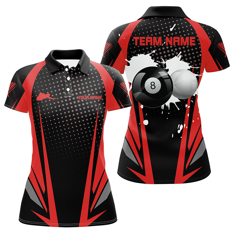 Personalized Paint Billiard Balls Black Red 3D Polo Shirts For Women, Custom 8 Ball Billiards Jerseys VHM1089