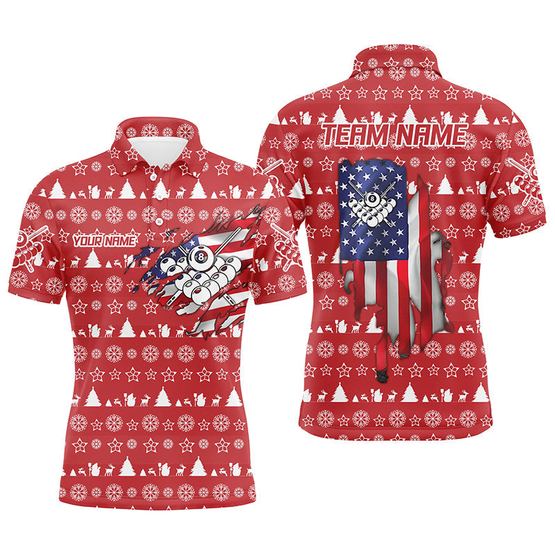 Personalized Christmas US Flag 8 Ball Pool Polo Shirts For Men, Custom Christmas Billiard Shirts VHM0627