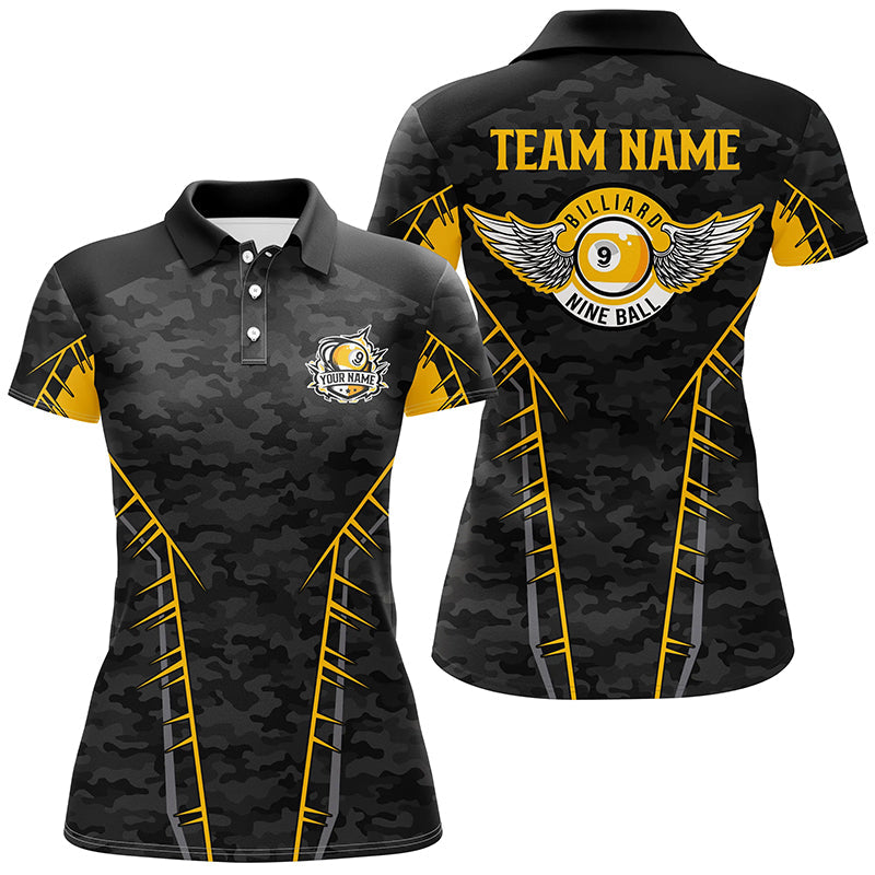 Personalized Camo Yellow 9 Ball Pool Polo Shirts For Women, Custom Billiard 9 Ball Team Jerseys VHM0778