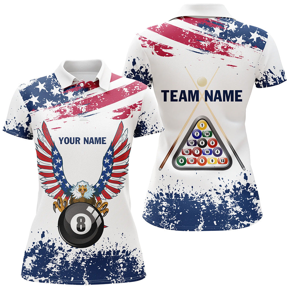 Personalized Eagle US Flag 8 Ball Pool Billiard Polo Shirts For Women, Custom Billiard Balls Jerseys VHM0647