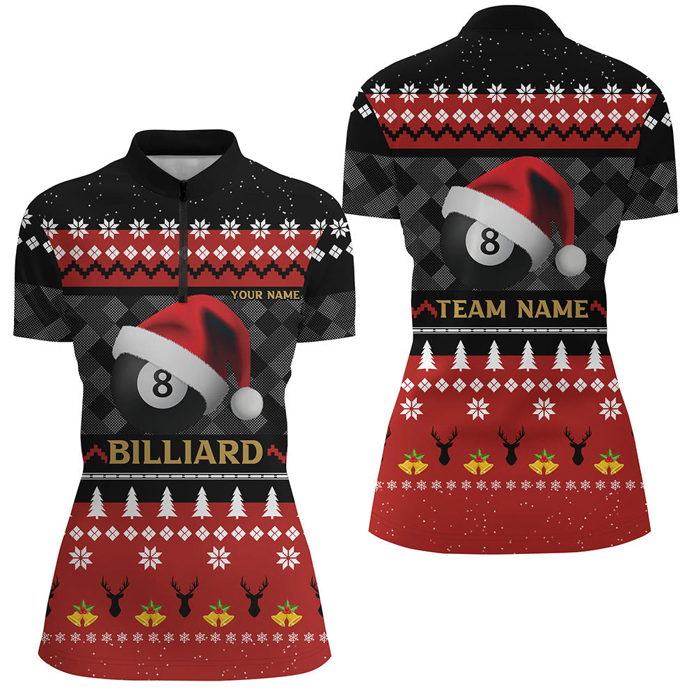 Personalized Funny Christmas 8 Ball Pool With Santa Claus Hat Billiard Quarter-Zip Shirts For Women VHM0652
